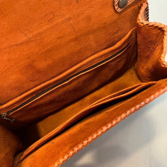 Vintage Tooled Cut Out Leather Handbag Purse Brown Green - Picture 8 of 15